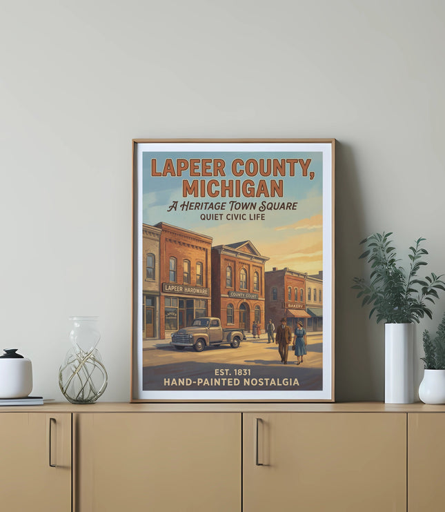 Lapeer County, Michigan heritage town square poster with vintage buildings and truck.