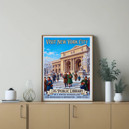 Vintage "Visit New York City" poster featuring the Public Library in a winter wonderland.