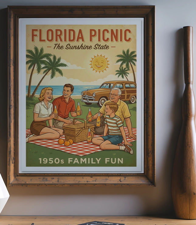 Florida Picnic retro poster with family, vintage car, and palm trees.