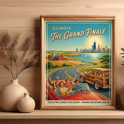 Framed vintage poster for "Illinois: The Grand Finale" showing people in a car.