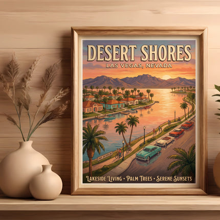 Desert Shores Las Vegas Nevada poster with vintage cars and palm trees.