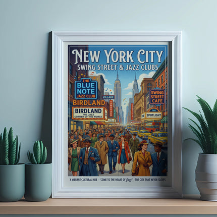 New York City Swing Street Jazz Clubs poster with venue names.