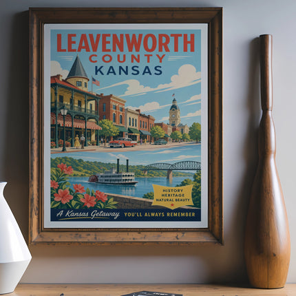 Leavenworth County Kansas travel poster with steamship and bridge.