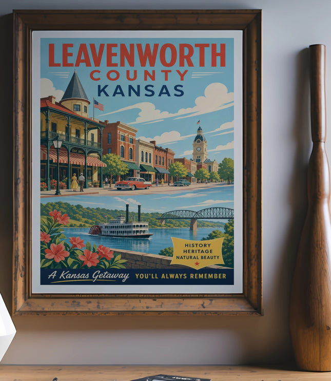 Leavenworth County Kansas travel poster with steamship and bridge.