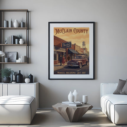Framed "McClain County" retro poster showing "The Bluebird Cafe" in Purcell, Oklahoma.