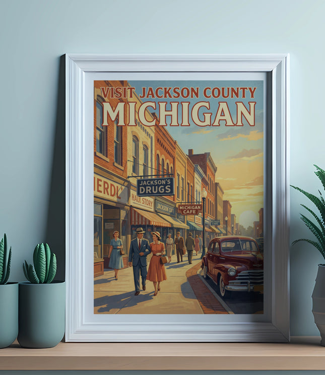 Framed poster with "VISIT JACKSON COUNTY MICHIGAN" and vintage street scene.