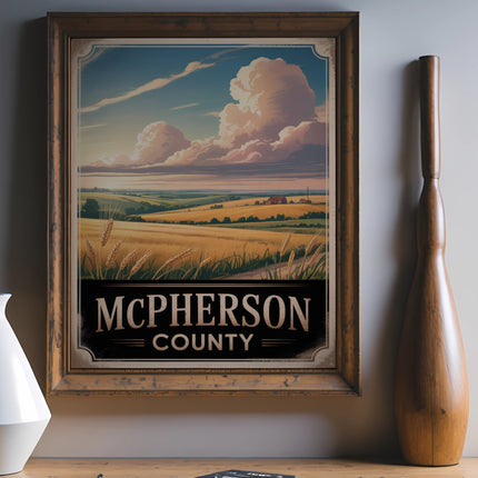 Wheat field and rolling hills under a cloudy sky, featuring "McPherson County" text.