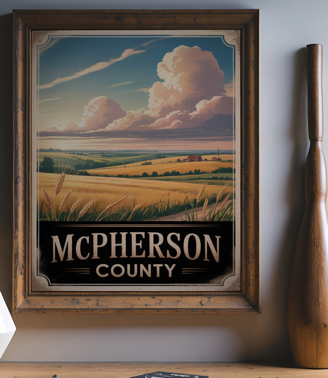 Wheat field and rolling hills under a cloudy sky, featuring "McPherson County" text.