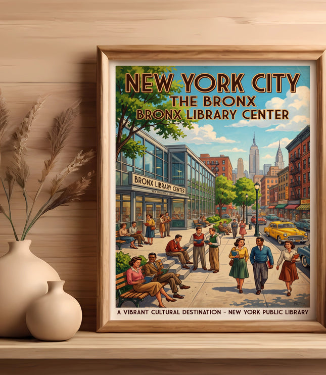 New York City poster depicts the Bronx Library Center with people and taxis.