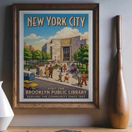 New York City Brooklyn Public Library poster with people and bus.