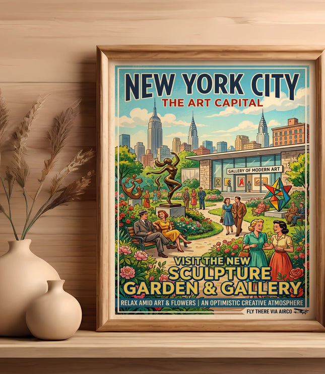 New York City art capital poster featuring a sculpture garden and gallery.