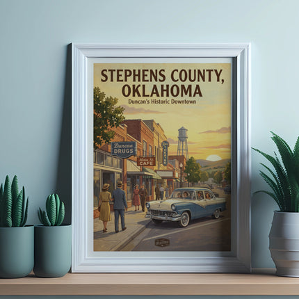 Vintage poster of Stephens County, Oklahoma, showing Duncan's historic downtown and a classic car.