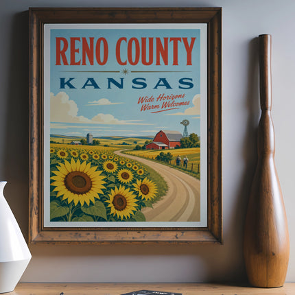 Reno County Kansas travel poster with sunflowers and barn.
