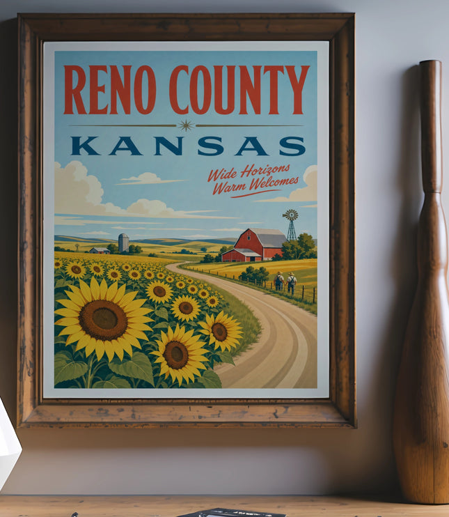 Reno County Kansas travel poster with sunflowers and barn.