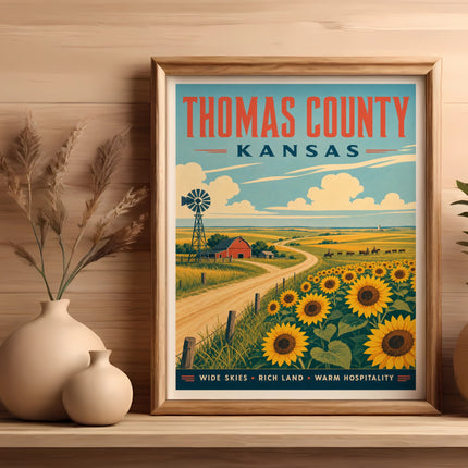 Thomas County Kansas poster with sunflowers, windmill, and rural landscape.