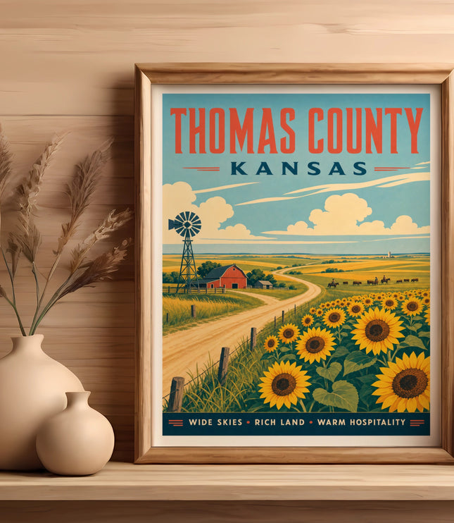 Thomas County Kansas poster with sunflowers, windmill, and rural landscape.