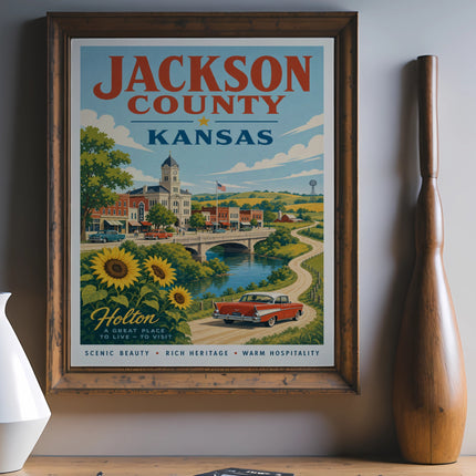 Retro travel poster for Jackson County, Kansas, featuring Holton and a red car.