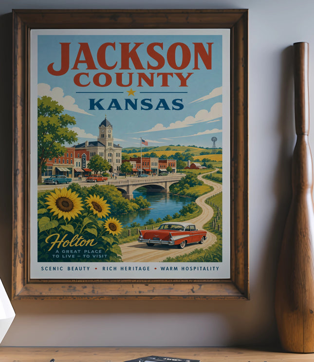 Retro travel poster for Jackson County, Kansas, featuring Holton and a red car.