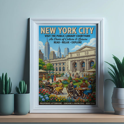 New York City Public Library courtyard poster with people reading and relaxing.