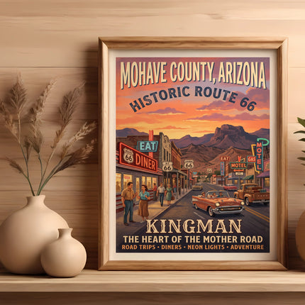 Mohave County, Arizona Historic Route 66 Kingman poster with diners and motels.