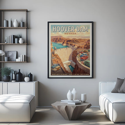 Hoover Dam Nevada poster showing the dam and reservoir with text "HOOVER DAM NEVADA".