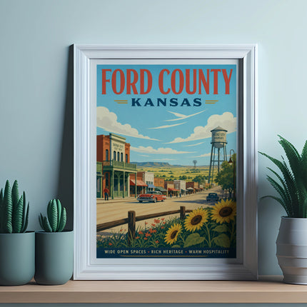 Vintage travel poster for Ford County, Kansas, featuring Dodge City.