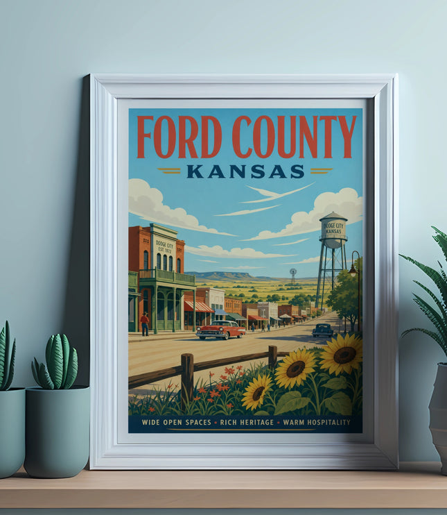 Vintage travel poster for Ford County, Kansas, featuring Dodge City.
