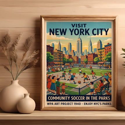 Vintage poster of New York City parks with community soccer, WPA Art Project 1940.
