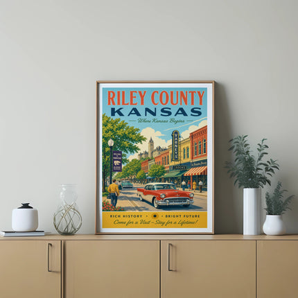 Vintage poster for Riley County, Kansas, featuring Manhattan, a classic car, and text.