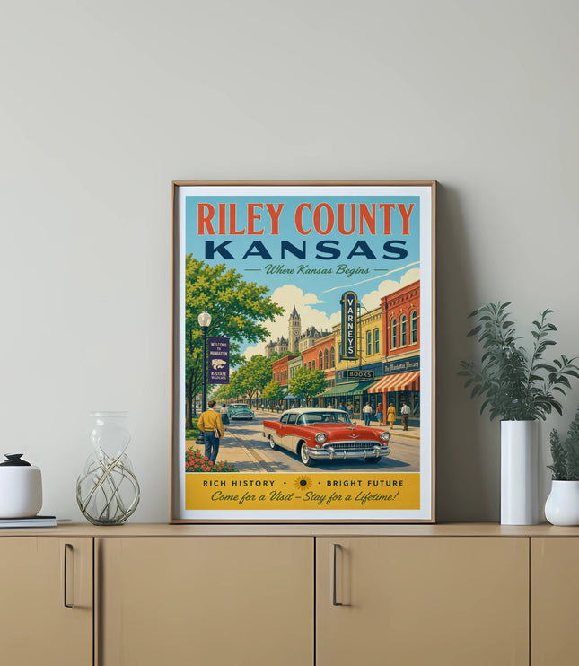 Vintage poster for Riley County, Kansas, featuring Manhattan, a classic car, and text.