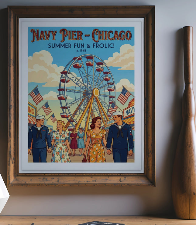 Navy Pier-Chicago Summer Fun & Frolic! c. 1945 poster with an illustrative vintage scene.