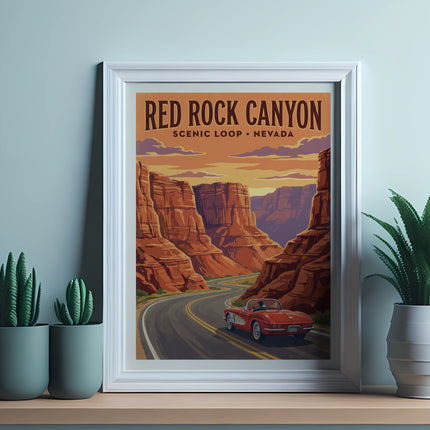 Vintage travel poster of Red Rock Canyon Scenic Loop, Nevada, with a classic car.