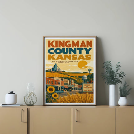 Kingman County, Kansas poster with sunflowers and a barn scene.