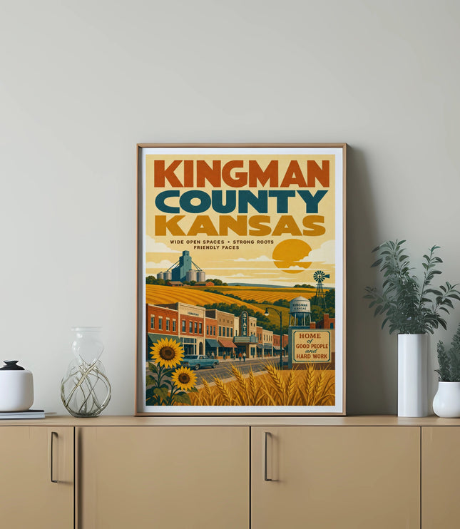 Kingman County, Kansas poster with sunflowers and a barn scene.