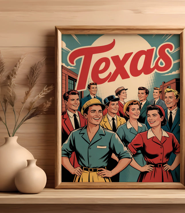 Retro poster of smiling people with "Texas" in bold red text.