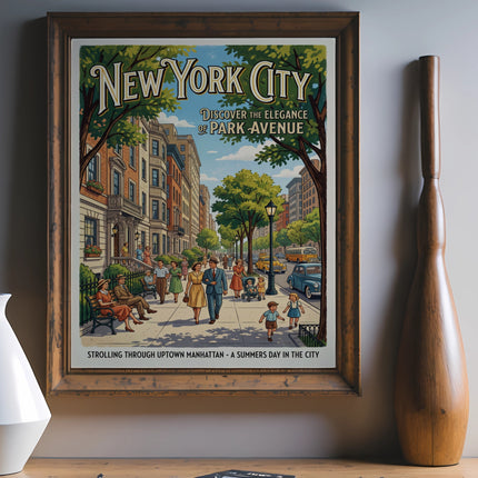 New York City Park Avenue vintage travel poster with people strolling and yellow taxi.