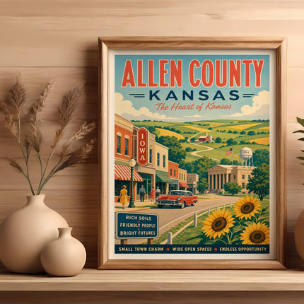 Vintage Allen County, Kansas travel poster with town and rural scene.