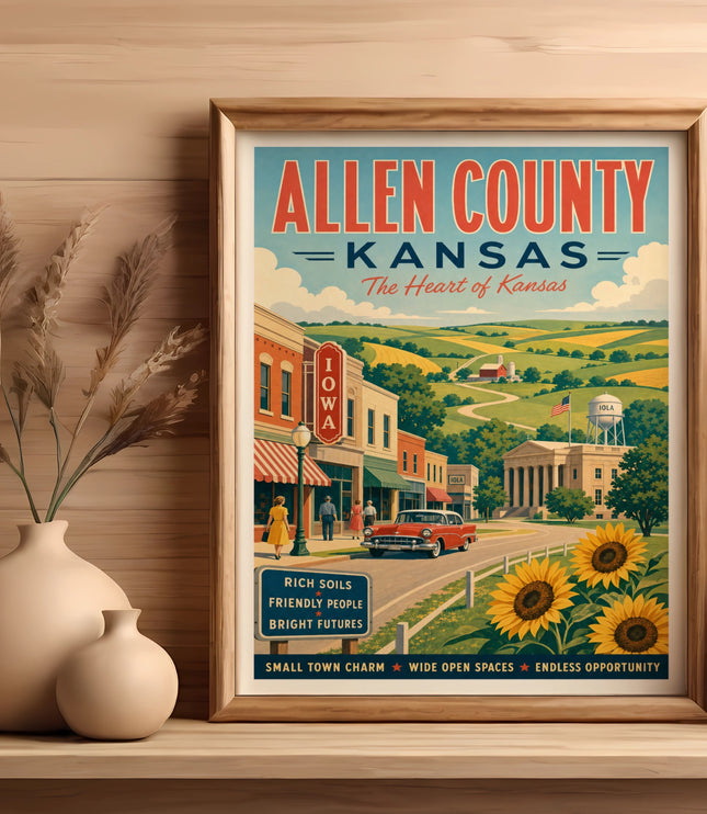 Vintage Allen County, Kansas travel poster with town and rural scene.