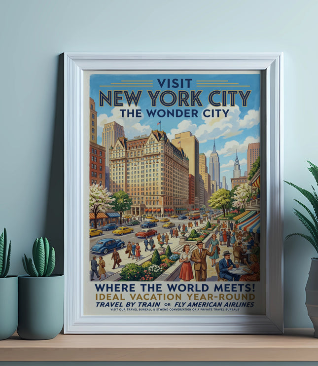 Vintage poster of New York City with text: "Visit New York City, The Wonder City," and travel advice.
