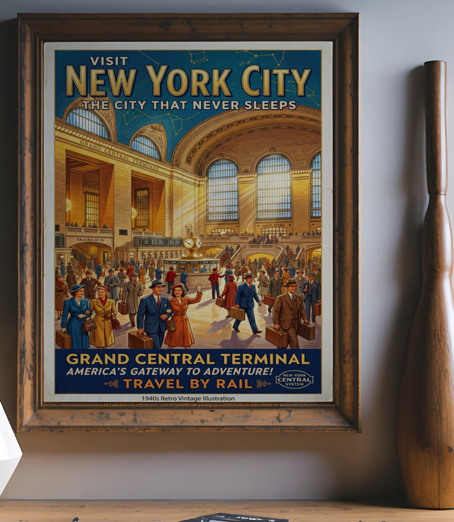 Vintage poster shows Grand Central Terminal with text "Visit New York City".