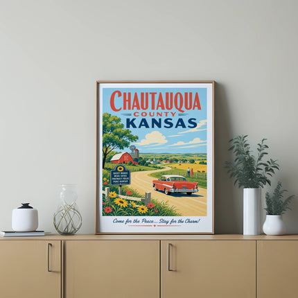 Chautauqua County Kansas vintage travel poster with farm scene and text.