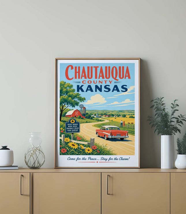 Chautauqua County Kansas vintage travel poster with farm scene and text.