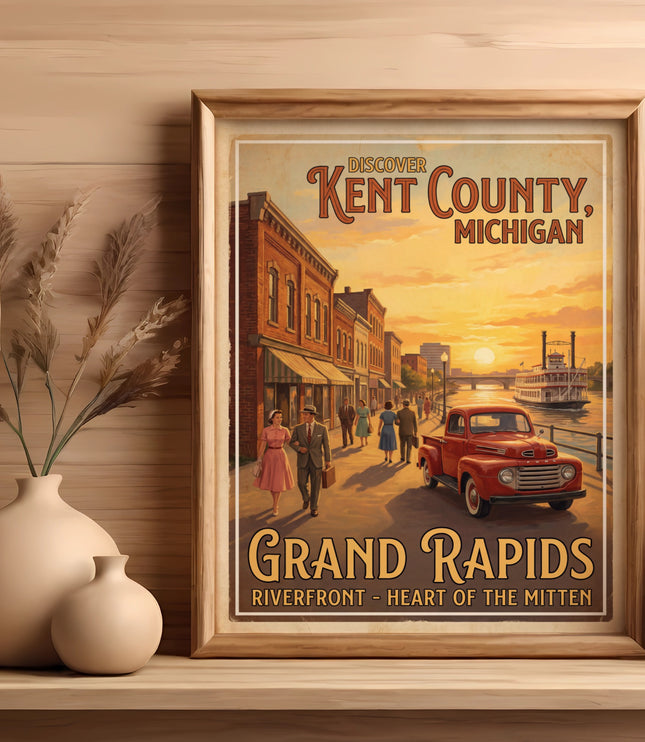 Vintage travel poster of Grand Rapids, Kent County, Michigan with a riverboat and red truck.