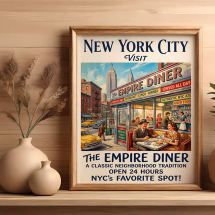 Vintage New York City Empire Diner poster with people, cars, and buildings.