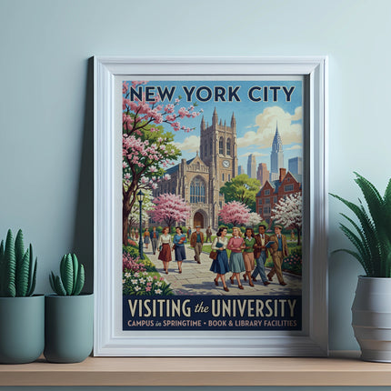Vintage New York City poster showing university campus with people and text.