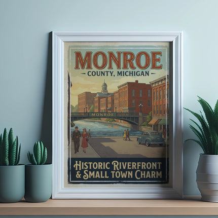 Monroe County, Michigan vintage poster showing riverfront and small town charm.