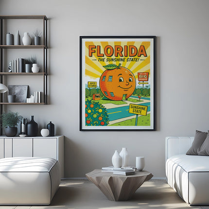Florida Sunshine State poster featuring an orange character and citrus fruit stand.