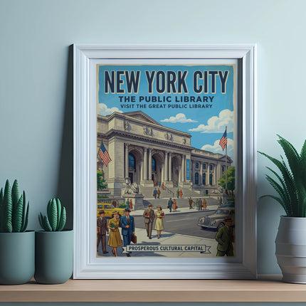 New York City Public Library poster with people, cars, and buildings.