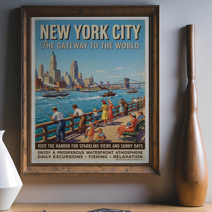 New York City vintage travel poster, showing harbor with people and skyline.