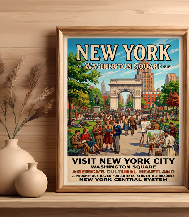 New York Washington Square vintage travel poster with arch and city skyline.